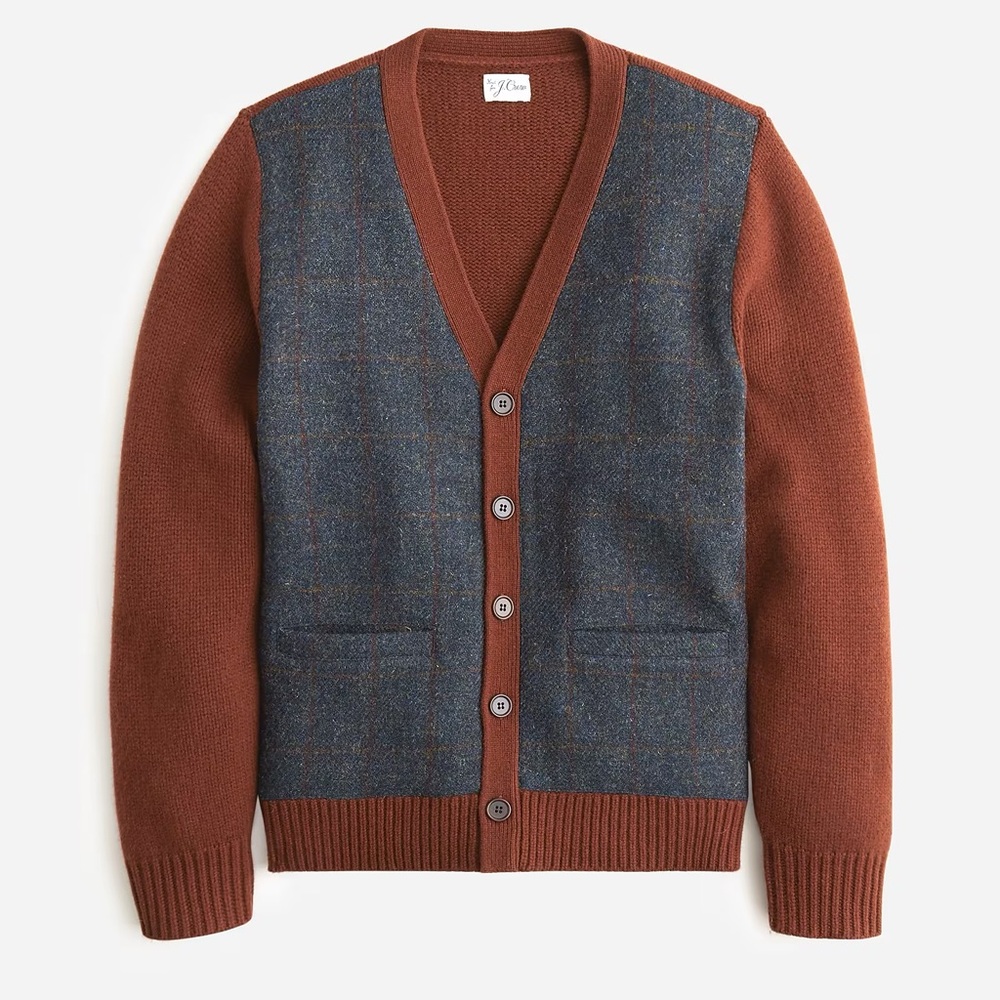 NWT J.Crew Wool V Neck Cardigan Sweater With Harris Tweed Deep Redwood M